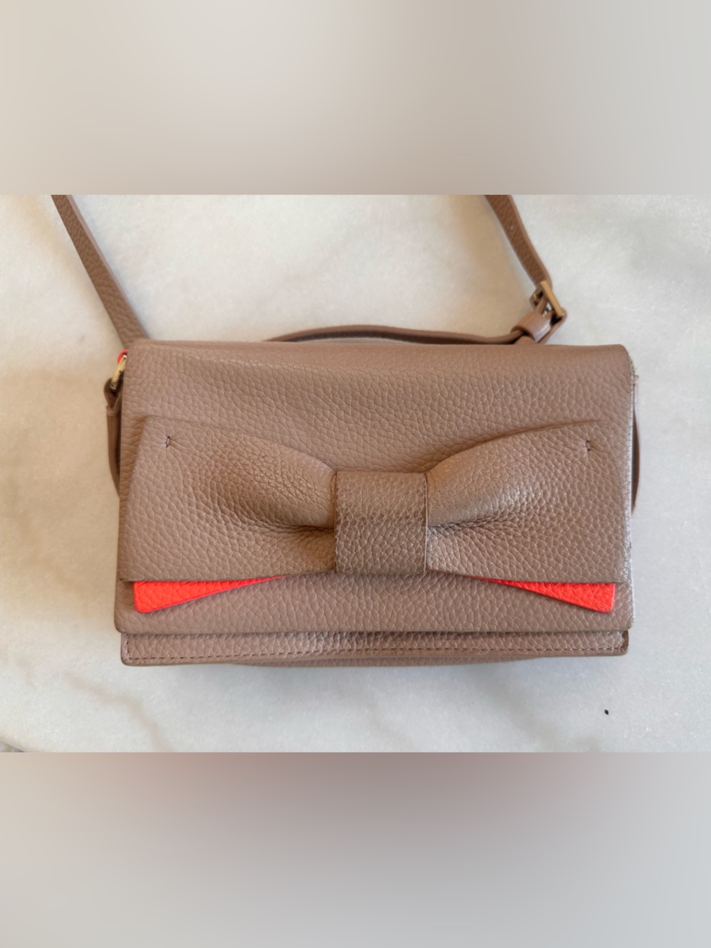 Kate Spade nude and neon coral  Crossbody Bag. Adorable b&w stripe interior.